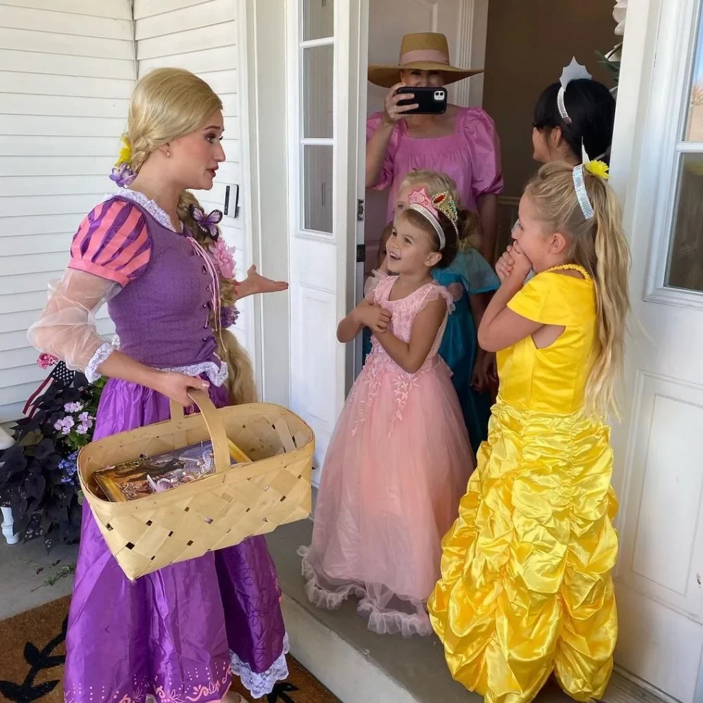 Rapunzel arriving at a party